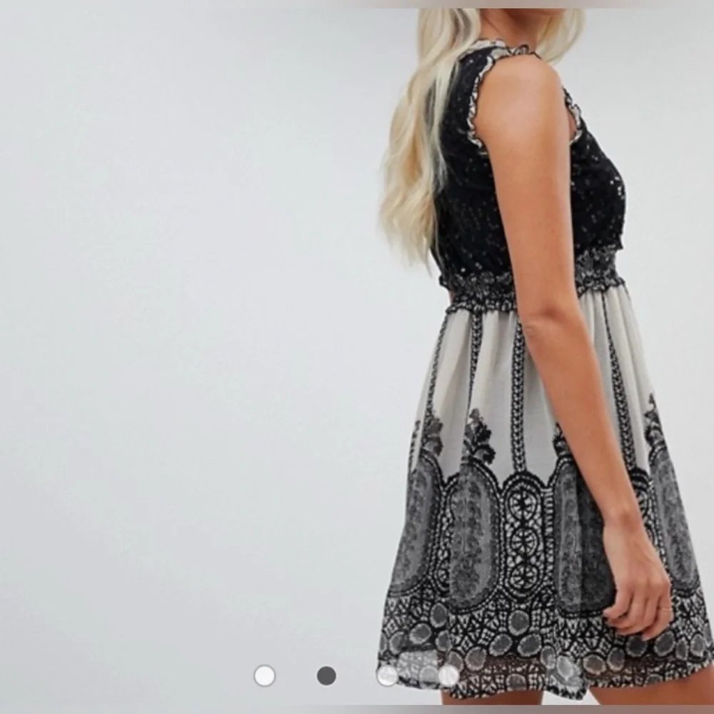 American‎ Rag Cie Black Cream Sequin Organza Print Fit Flare Dress Medium M
